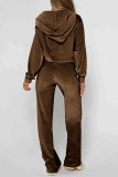 Coffee Casual Solid Color Pocket Patchwork Zipper Zipper Collar Long Sleeve Two Pieces