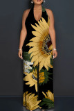 Green Elegant Print Patchwork Backless Halter Loose Jumpsuits