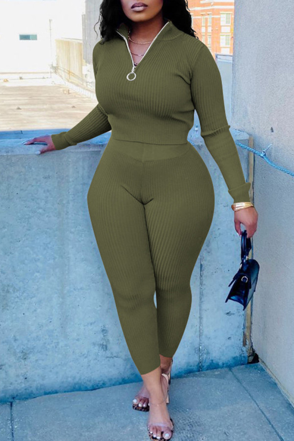 Olive Green Casual Solid Color Patchwork Zipper Zipper Collar Long Sleeve Two Pieces