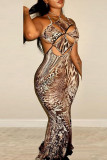 Brown Sexy Print Hollow Out Patchwork Backless Spaghetti Strap Sling Dresses