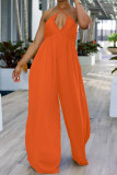 Earth Yellow Sexy Casual Solid Color Lace Up Backless Halter Bodycon Jumpsuits