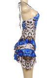 Blue Sexy Print Patchwork Backless Halter Irregular Dresses