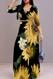 Black Yellow Elegant Print Patchwork Strap Design V Neck Long Dresses