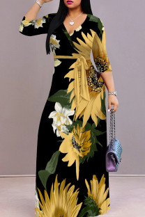 Light Yellow Elegant Print Patchwork Strap Design V Neck Long Dresses