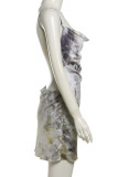 Brown Street Print Patchwork Backless Spaghetti Strap Sling Dresses