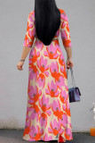 Apricot Elegant Flowers Print Lace Up V Neck Printed Dresses