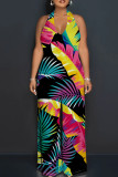 Green Elegant Print Patchwork Backless Halter Loose Jumpsuits