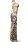Brown Sexy Print Hollow Out Patchwork Backless Spaghetti Strap Sling Dresses
