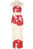 Apricot Elegant Print Patchwork Backless Square Neck Sleeveless Two Pieces
