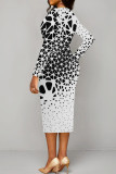 White Elegant Geometric Print Patchwork Ruched V Neck Wrapped Skirt Dresses