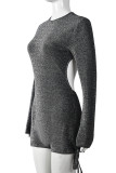 Black Silver Sexy Solid Color Backless Zipper Belted O Neck Skinny Rompers