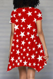 Red Casual Geometric Print Patchwork O Neck Irregular Dresses