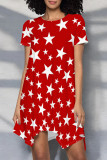 Red Casual Geometric Print Patchwork O Neck Irregular Dresses