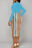 Light Blue Elegant Stripe Patchwork Ruched V Neck Long Sleeve Two Pieces