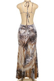 Brown Sexy Print Hollow Out Patchwork Backless Spaghetti Strap Sling Dresses