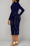 Light Blue Elegant Stripe Patchwork Ruched V Neck Long Sleeve Two Pieces