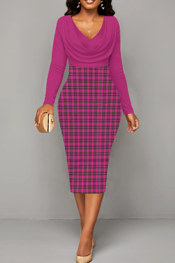Purple Elegant Stripe Patchwork Ruched V Neck Long Sleeve Two Pieces