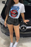 White Casual Street Lips Print Letter Print O Neck T-Shirts