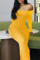 Yellow Street Solid Color Patchwork Backless Off Shoulder Long Dresses