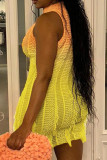 Yellow Sexy Gradient Color Fringed Trim Hollow Out Patchwork See-Through O Neck Wrapped Skirt Dresses