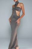Grey Sexy Solid Color Hollow Out Patchwork Backless Ruched Half A Turtleneck Long Dresses