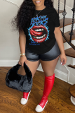 White Casual Street Lips Print Letter Print O Neck T-Shirts