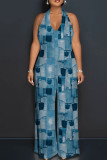 Pink Casual Print Backless Belted Halter Fitted Jumpsuits