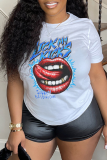White Casual Street Lips Print Letter Print O Neck T-Shirts