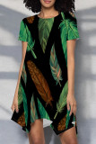 Yellow Sexy Print Patchwork O Neck Irregular Dresses