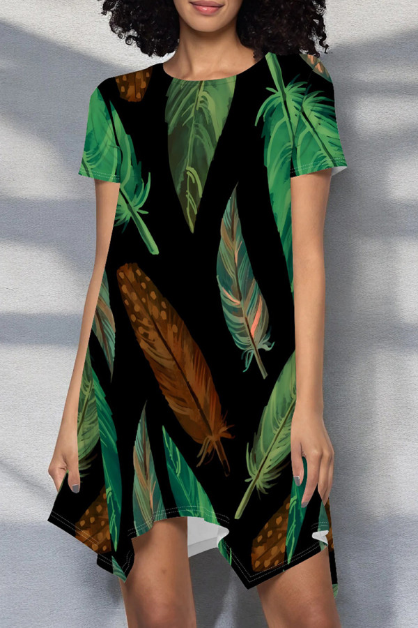 Green Sexy Print Patchwork O Neck Irregular Dresses