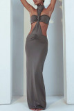 Grey Sexy Solid Color Hollow Out Patchwork Backless Ruched Half A Turtleneck Long Dresses