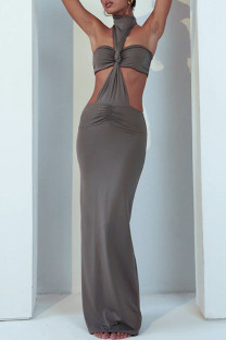 Grey Sexy Solid Color Hollow Out Patchwork Backless Ruched Half A Turtleneck Long Dresses