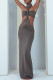 Grey Sexy Solid Color Hollow Out Patchwork Backless Ruched Half A Turtleneck Long Dresses