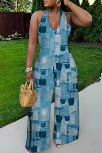 Blue Casual Print Backless Belted Halter Fitted Jumpsuits
