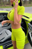 Fluorescent Yellow Sportswear Solid Color Hollow Out Patchwork O Neck Short Sleeve Two Pieces