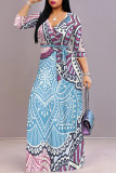 Baby Blue Elegant Geometric Print Lace Up V Neck Printed Dresses