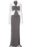 Grey Sexy Solid Color Hollow Out Patchwork Backless Ruched Half A Turtleneck Long Dresses