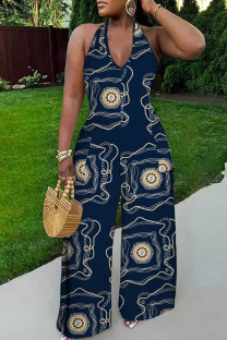 Navy Blue Casual Print Backless Belted Halter Fitted Jumpsuits