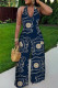 Navy Blue Casual Print Backless Belted Halter Fitted Jumpsuits