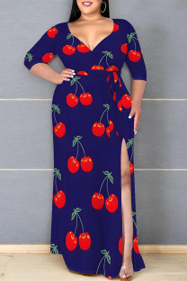 Tibetan Blue Elegant Floral Print Lace Up Slit V Neck Printed Plus Size Dresses
