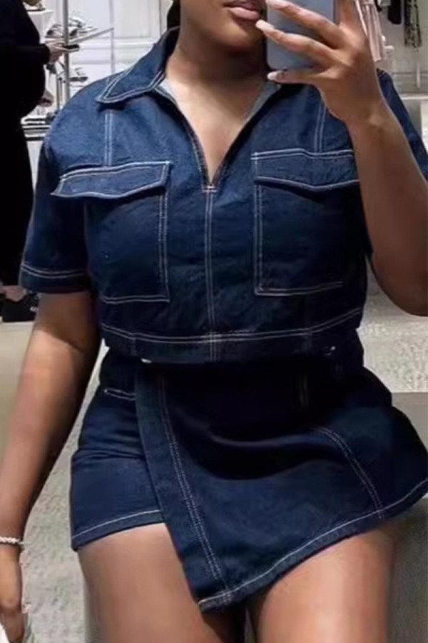 Dark Blue Street Solid Color Pocket Buttons Patchwork Turndown Collar Short Sleeve Two Pieces