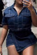 Dark Blue Street Solid Color Pocket Buttons Patchwork Turndown Collar Short Sleeve Two Pieces