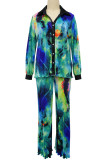 Green Casual Print Buckle Patchwork Ruched Turndown Collar Long Sleeve Two Pieces