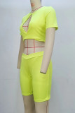 Fluorescent Yellow Sportswear Solid Color Hollow Out Patchwork O Neck Short Sleeve Two Pieces