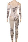 Skin Color Sexy Print Patchwork See-Through Backless Spaghetti Strap Sleeveless Two Pieces