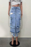 Light Blue Street Solid Color Pocket Patchwork High Slit Zipper High Waist Straight Denim Skirts