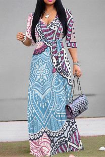 Baby Blue Elegant Geometric Print Lace Up V Neck Printed Dresses