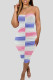 Pink Sexy Colorblock Patchwork Backless Ruched Contrast Strapless Wrapped Skirt Dresses