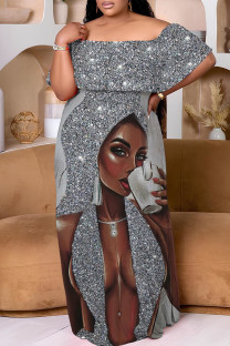 Silver Casual Print Patchwork Off Shoulder Long Plus Size Dresses