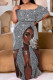 Silver Casual Print Patchwork Off Shoulder Long Plus Size Dresses